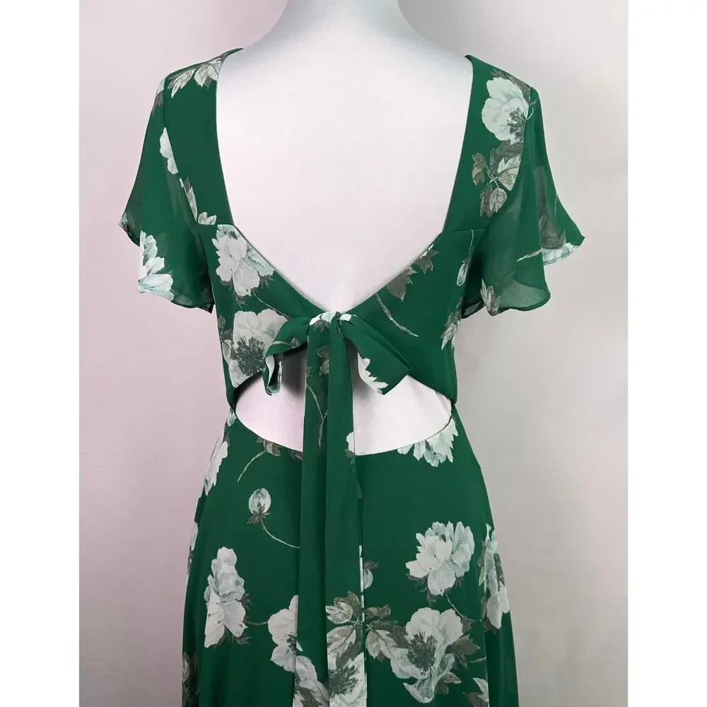 NWOT Lulus Classic Love Green Floral Tie Back Open Back Maxi Dress Size Small - Picture 7 of 13